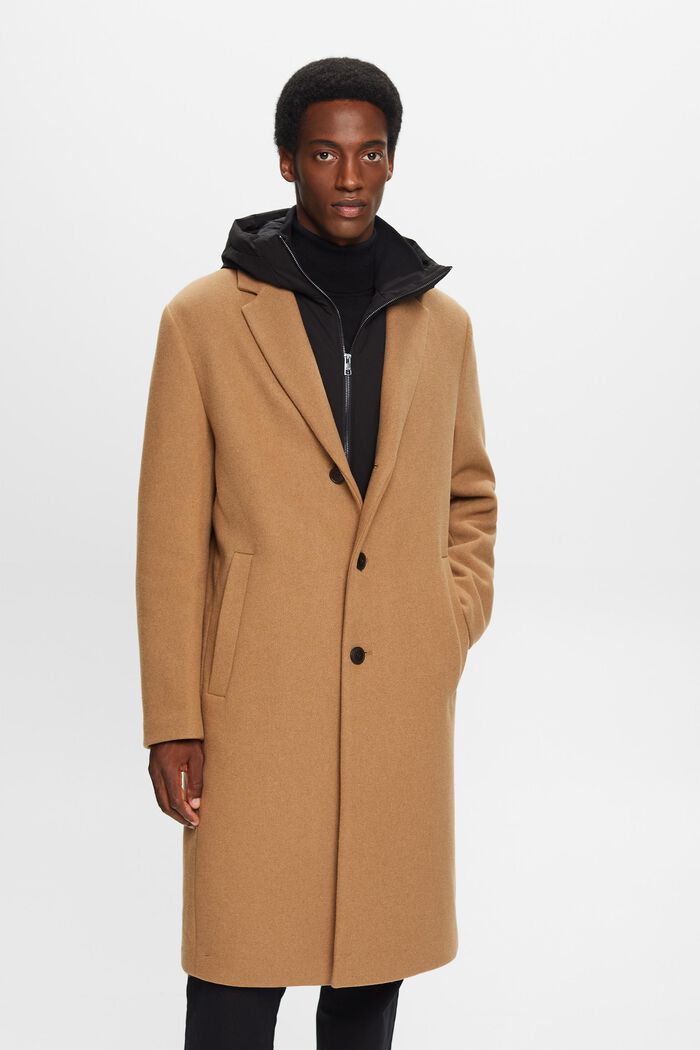 Cappotto con cappuccio rimovibile in misto lana, CAMEL, detail image number 0