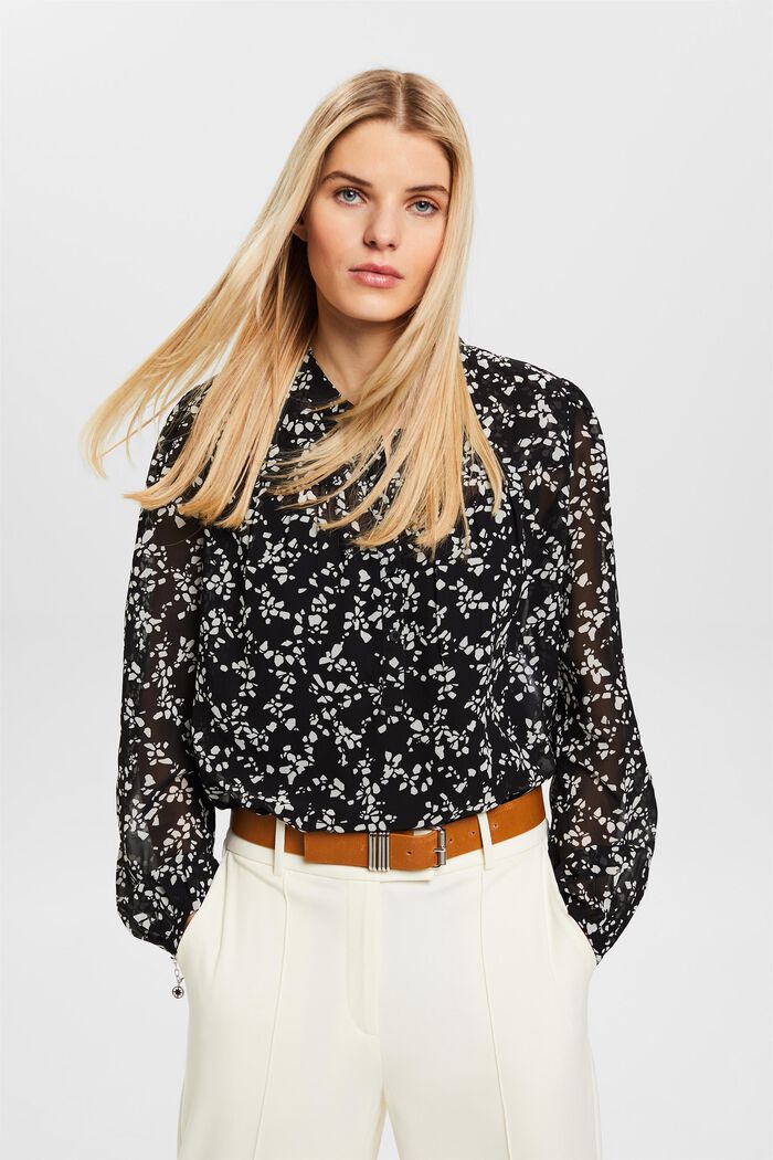 Blusa in chiffon con stampa, BLACK, detail image number 0