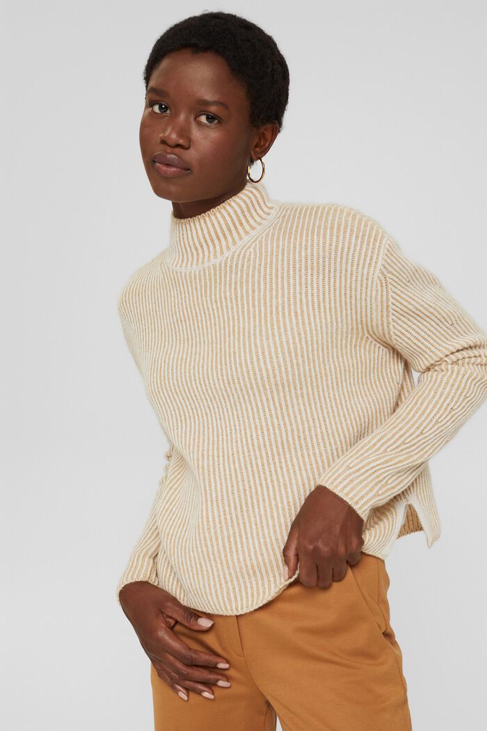 In misto lana: pullover a coste con effetto bicolore, KHAKI BEIGE, detail image number 0