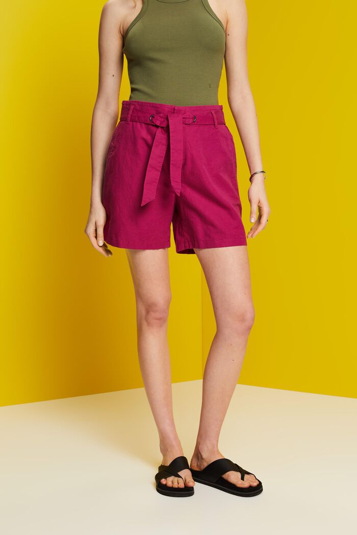 Pantaloncini con cintura da annodare, misto cotone e lino, DARK PINK, detail image number 0