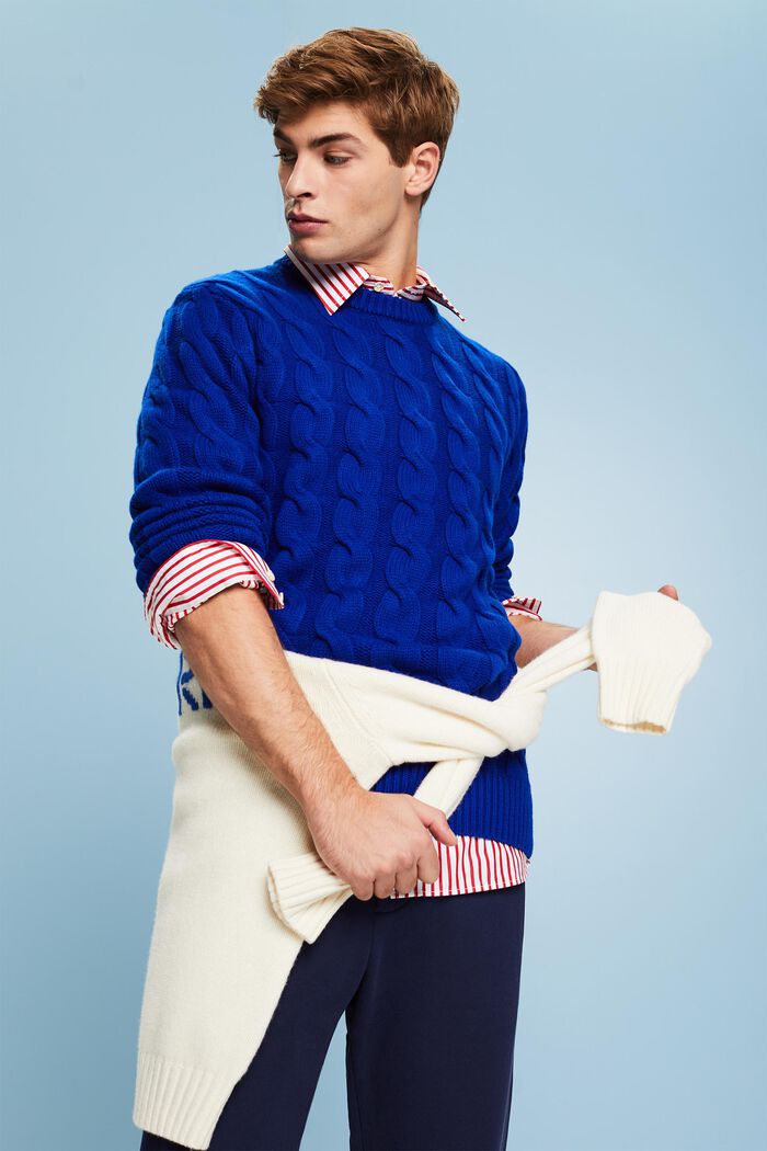 Pullover in maglia di lana intrecciata, DARK BLUE, detail image number 4