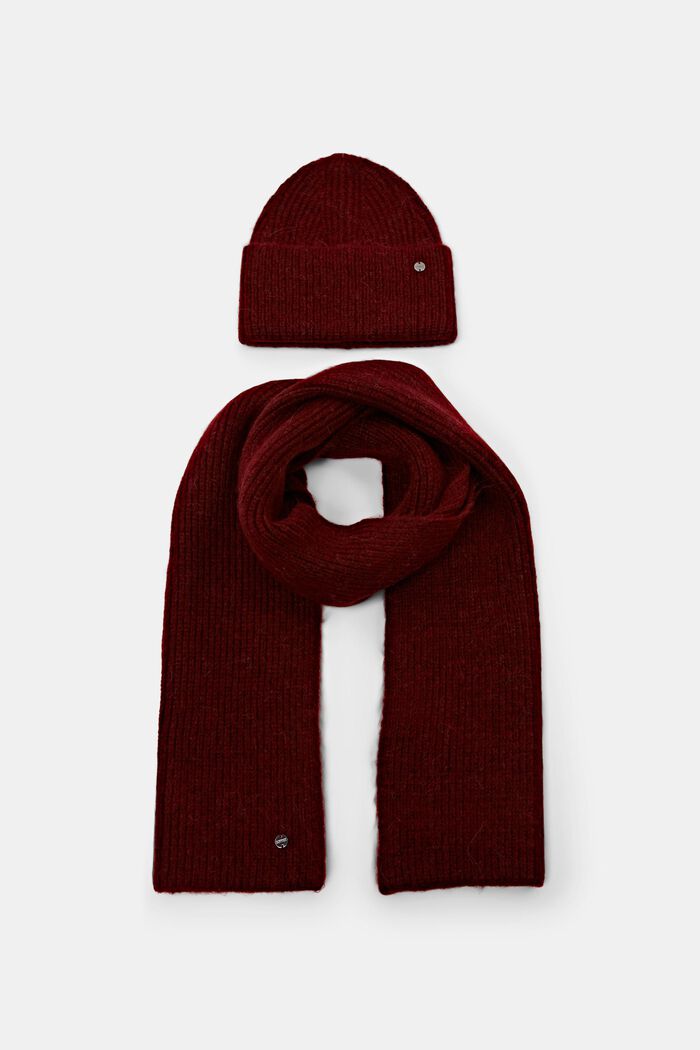 Confezione regalo natalizia con berretto e sciarpa in maglia chunky, BORDEAUX RED, detail image number 0