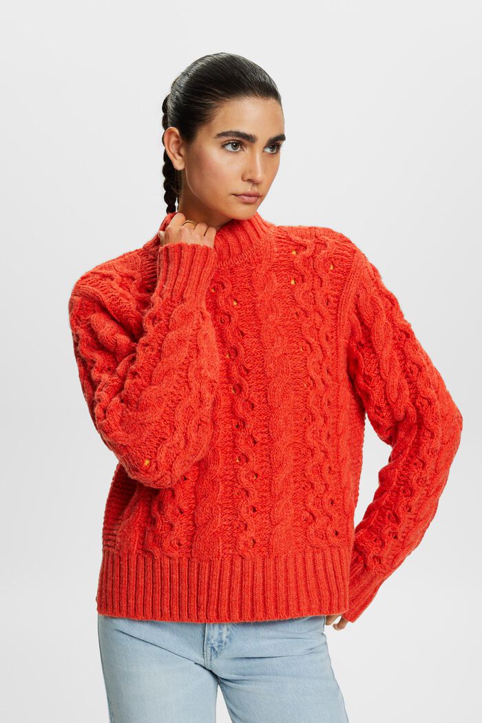 Pullover in misto lana in maglia intrecciata, BRIGHT ORANGE, detail image number 1