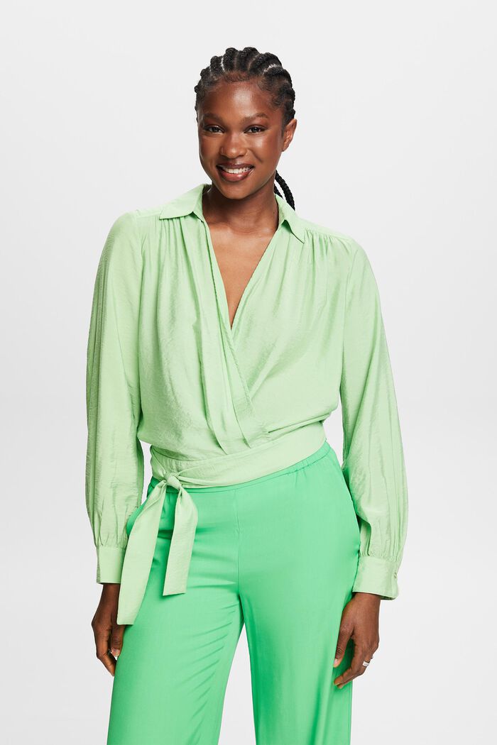 Blusa incrociata con arricciature, LIGHT GREEN, detail image number 0
