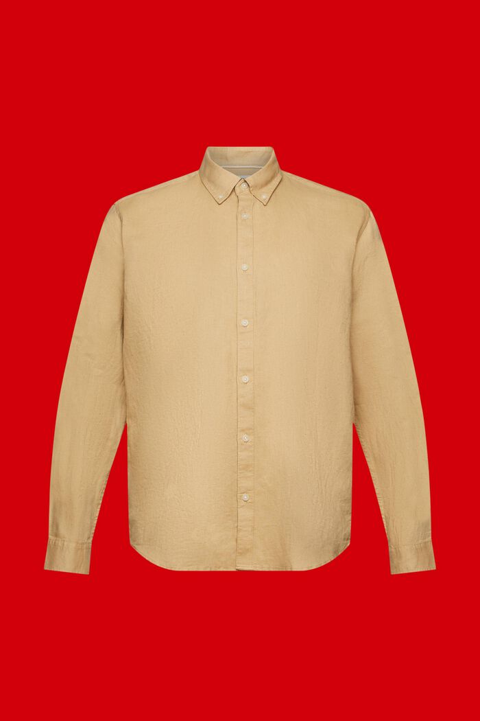 Camicia button-down in misto cotone e lino, BEIGE, detail image number 5