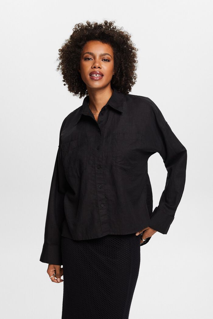 Camicia blusata in lino e cotone, BLACK, detail image number 0