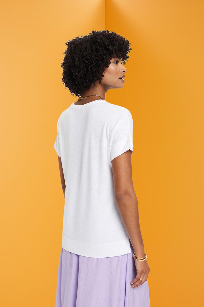 T-shirt in misto viscosa e lino con stampa sul petto, WHITE, detail image number 3