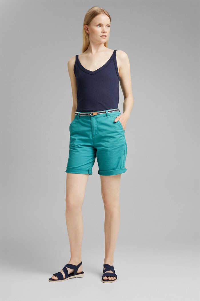 Con cintura: bermuda in cotone stretch, TEAL GREEN, detail image number 1