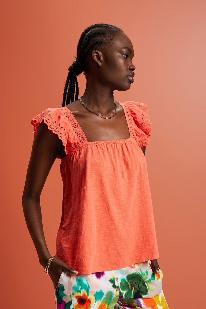 T-shirt in jersey con maniche ricamate, CORAL ORANGE, detail image number 0
