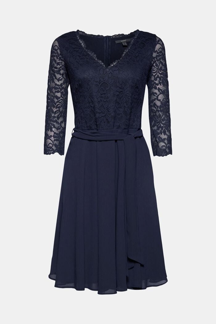 In materiale riciclato: abito in chiffon con pizzo, NAVY, detail image number 0