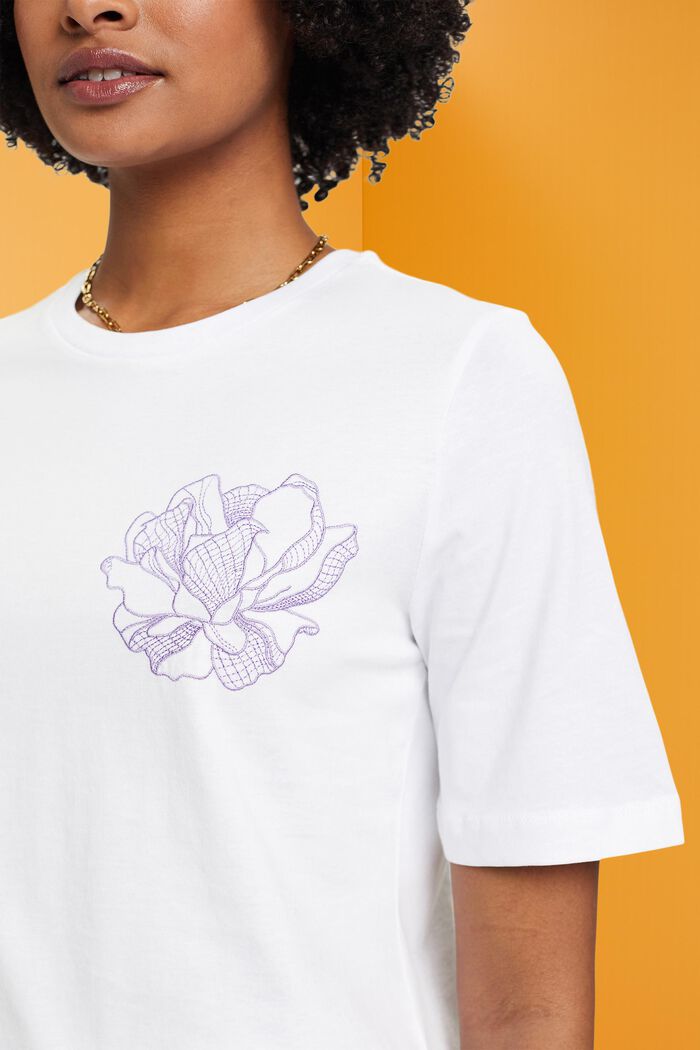 T-shirt di cotone con fiore ricamato, OFF WHITE, detail image number 2