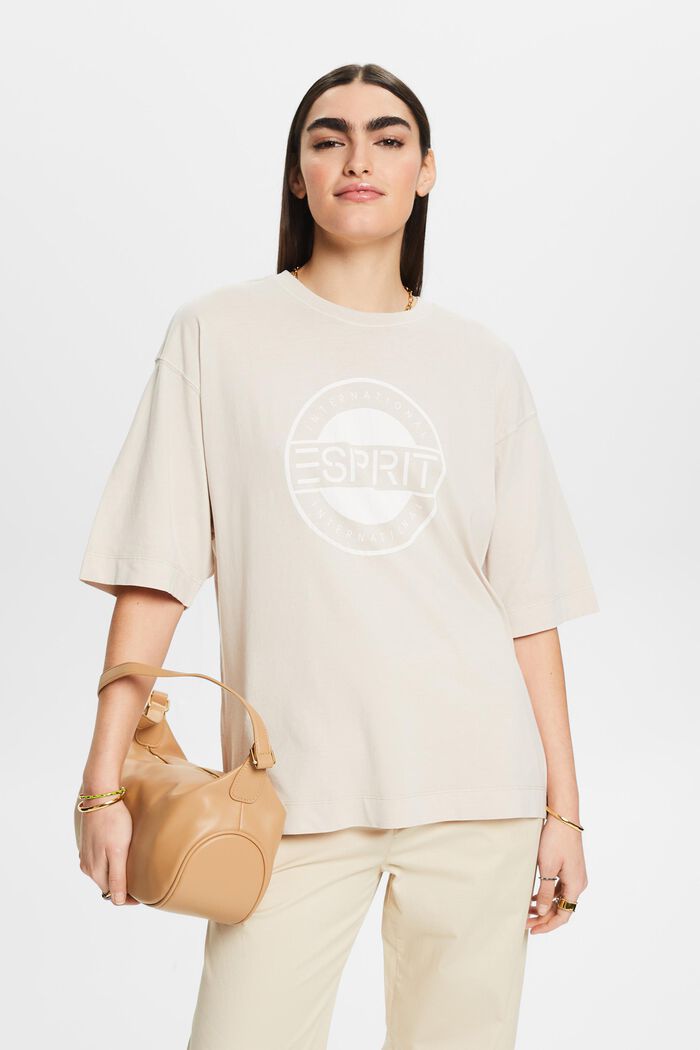 T-shirt in jersey di cotone con logo, LIGHT BEIGE, detail image number 0
