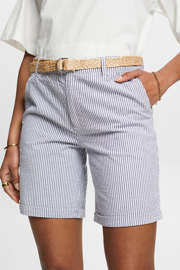 Shorts a righe con cintura intrecciata in raffia, NAVY, detail image number 2