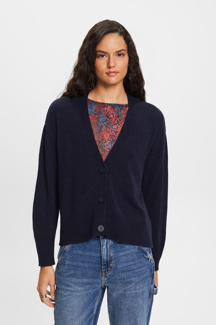 Cardigan con scollo a V in misto lana, NAVY, detail image number 0
