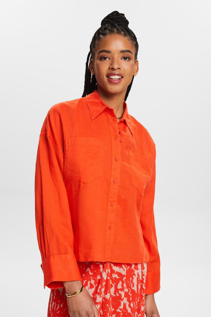 Camicia blusata in lino e cotone, BRIGHT ORANGE, detail image number 0