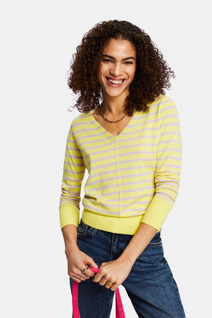 Pullover con scollo a V in cotone a righe, PASTEL YELLOW, detail image number 0