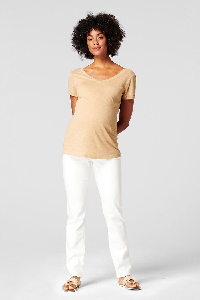 Con lino: t-shirt con doppio scollo a V, SAND, detail image number 0