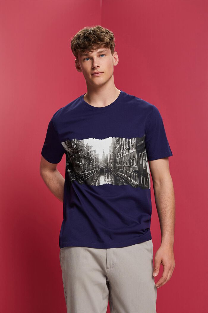 T-shirt girocollo con stampa, 100% cotone, DARK BLUE, detail image number 0