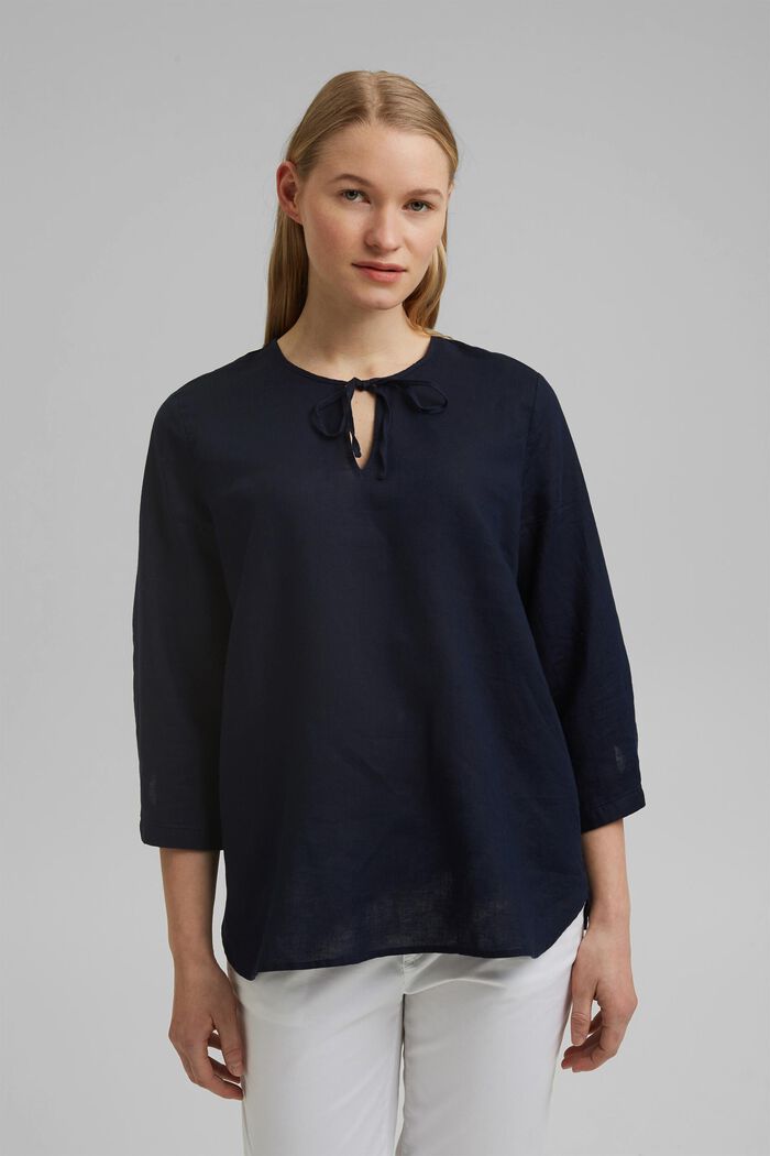 In lino: blusa con laccetti, NAVY, detail image number 0