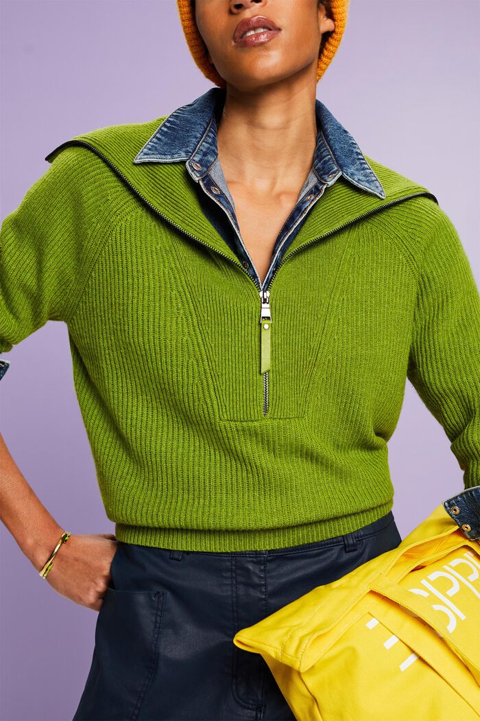Pullover troyer in maglia a coste misto lana, LEAF GREEN, detail image number 3