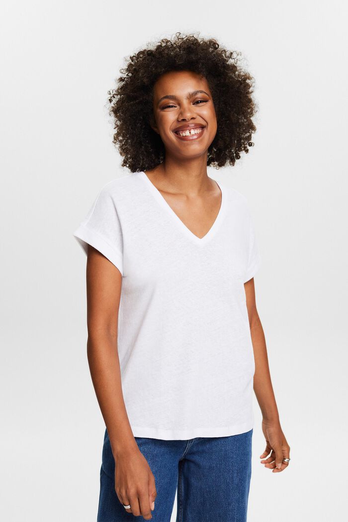 T-shirt con scollo a V in cotone e lino, WHITE, detail image number 0