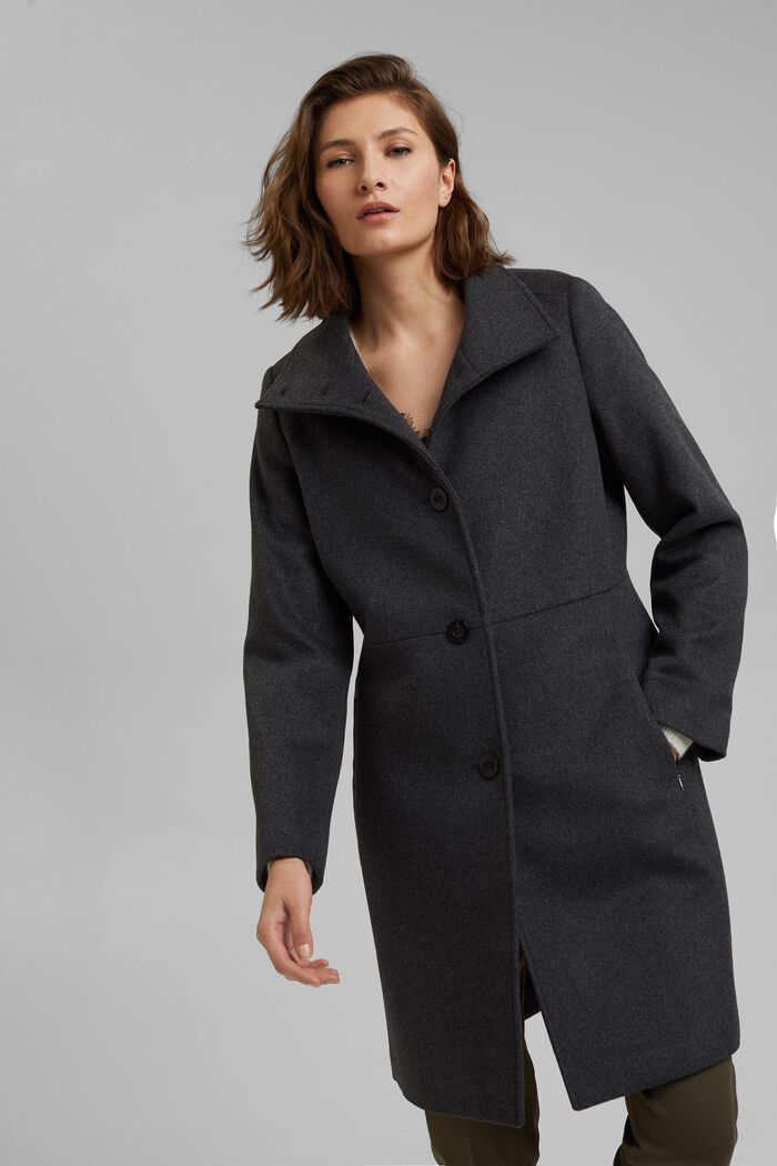 In misto lana: cappotto con collo alla coreana, ANTHRACITE, detail image number 0