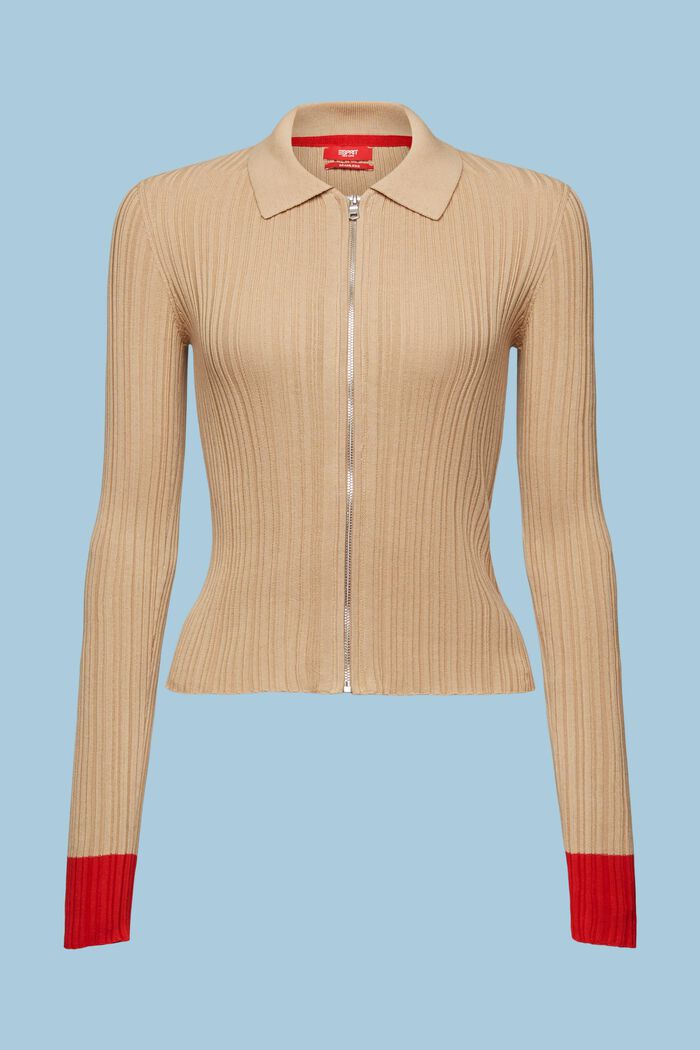 Cardigan stile polo in maglia a coste senza cuciture, BEIGE, detail image number 6