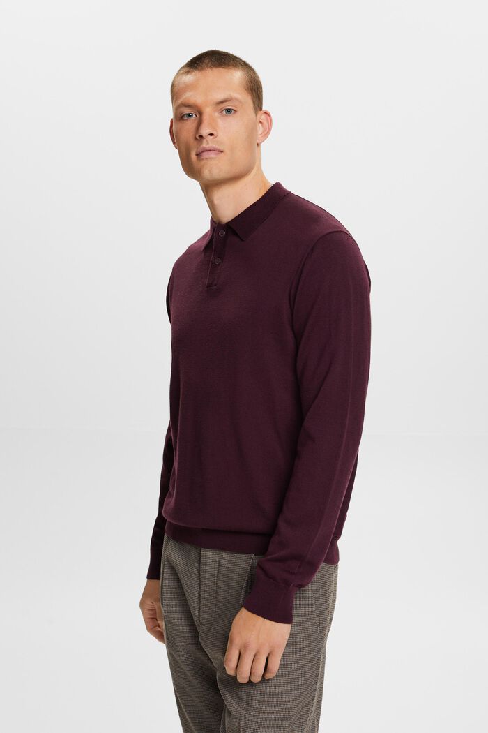 Pullover stile polo in lana, AUBERGINE, detail image number 0