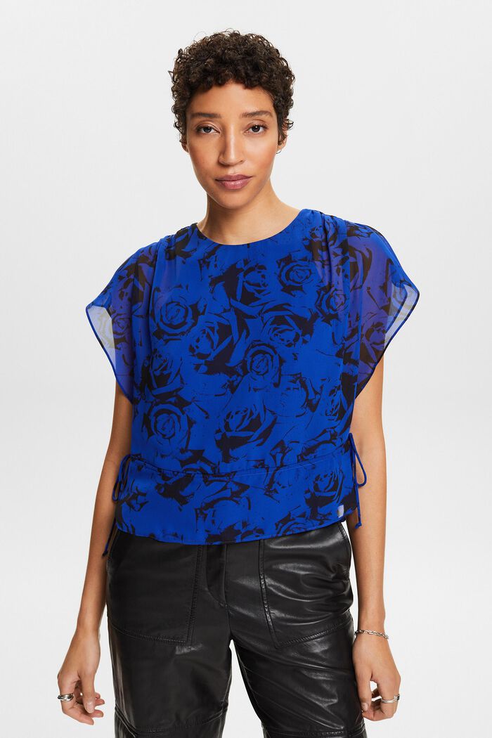Blusa in chiffon con coulisse e stampa, BRIGHT BLUE, detail image number 0