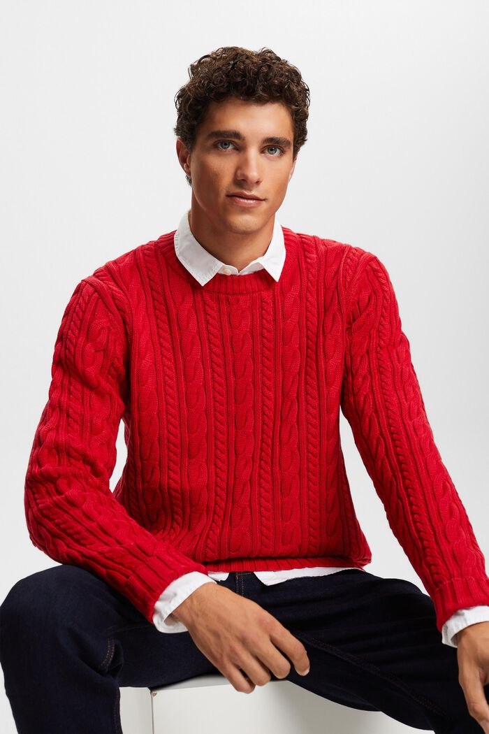 Maglione in cotone a maglia intrecciata, DARK RED, detail image number 2