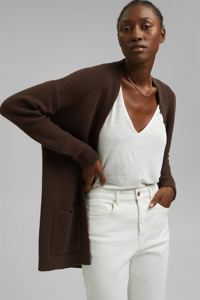Con lana e cashmere: cardigan aperto, DARK BROWN, detail image number 0