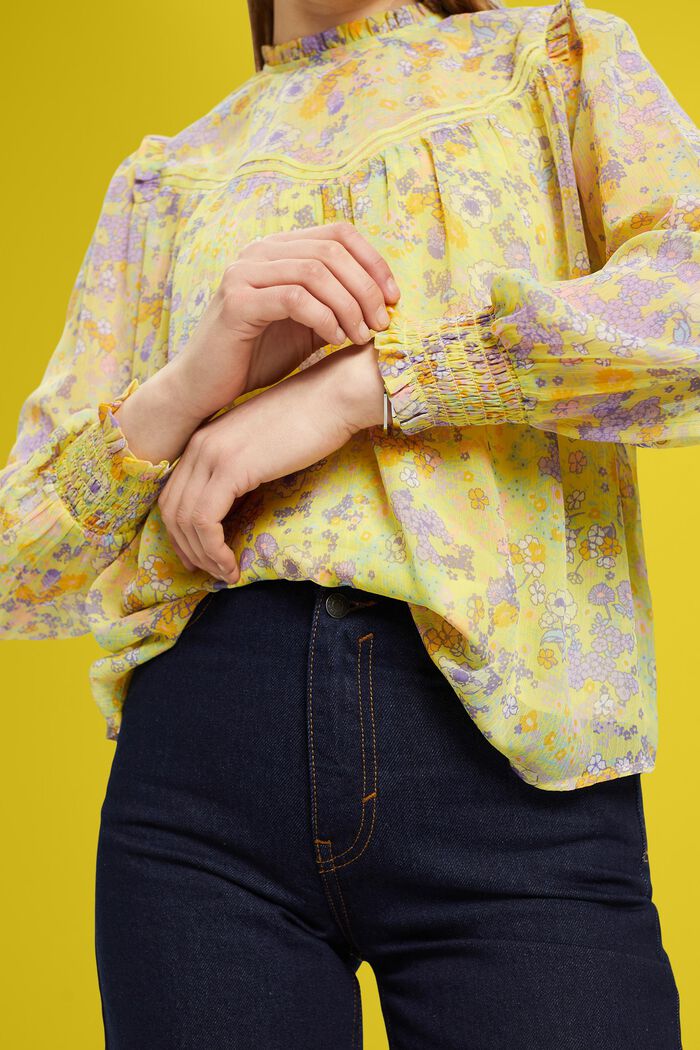 Blusa in chiffon floreale con ruches, LIGHT YELLOW, detail image number 2