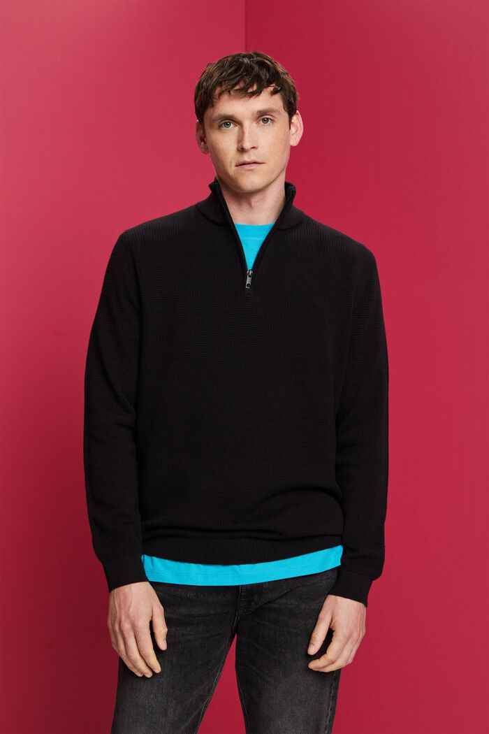 Pullover con zip in 100% cotone Pima, BLACK, detail image number 0
