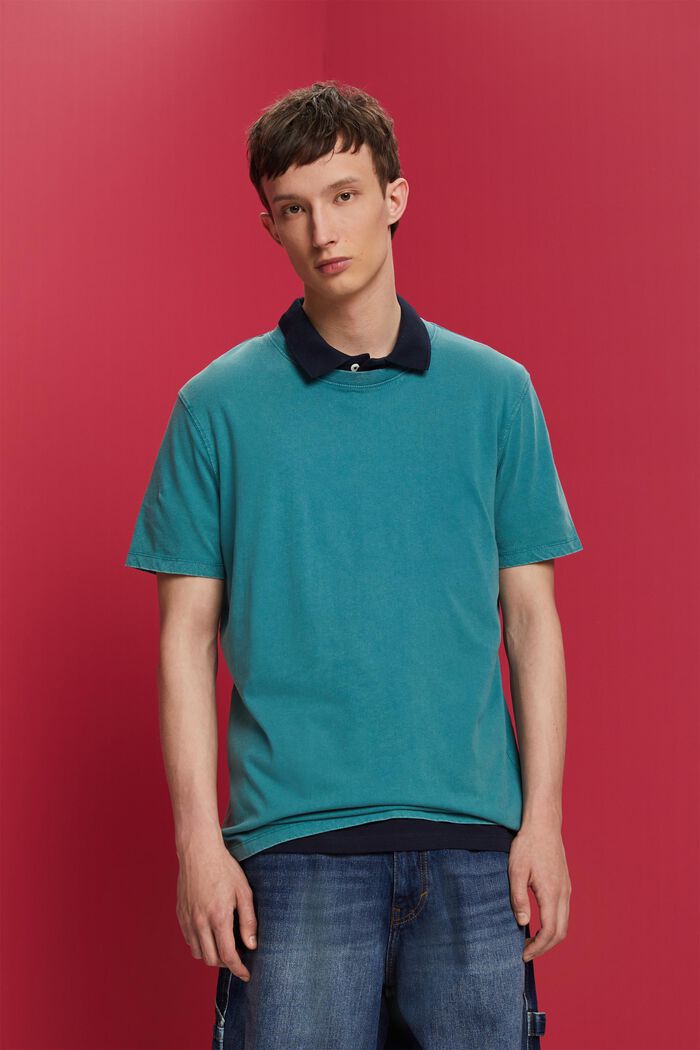T-shirt in jersey tinta in capo, 100% cotone, TEAL BLUE, detail image number 0