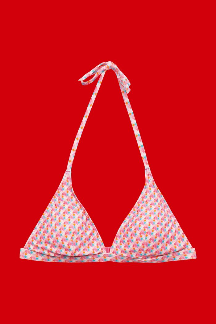 Top da bikini imbottito con allacciatura al collo e stampa geometrica, PINK FUCHSIA, detail image number 3