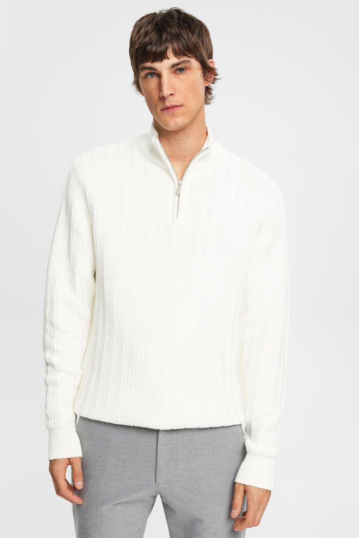 Pullover in maglia larga con zip di media lunghezza, OFF WHITE, detail image number 0