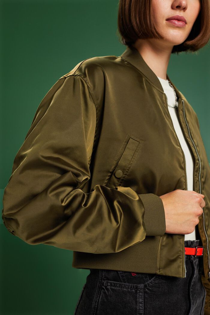 Giacca bomber cropped in raso, KHAKI GREEN, detail image number 3