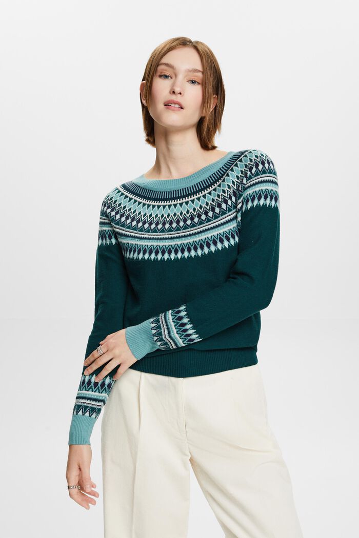 Pullover in cotone jacquard, EMERALD GREEN, detail image number 1