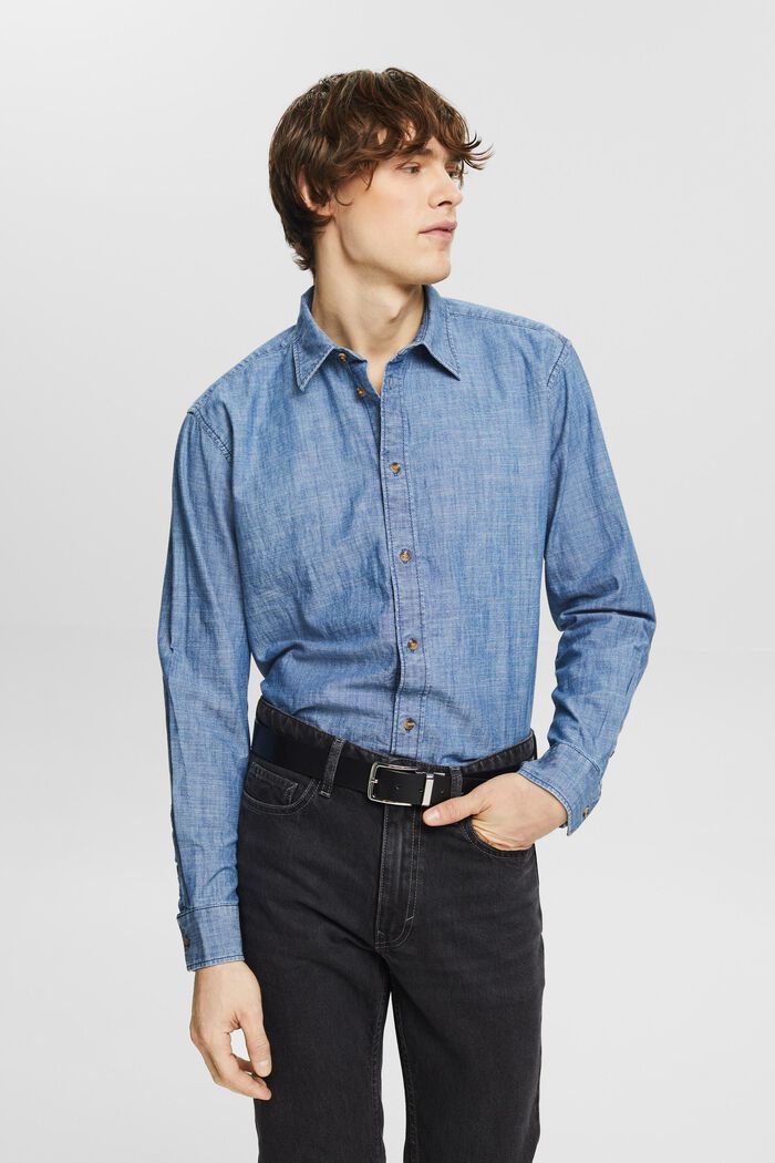 Camicia in chambray con colletto button down, BLUE MEDIUM WASHED, detail image number 0