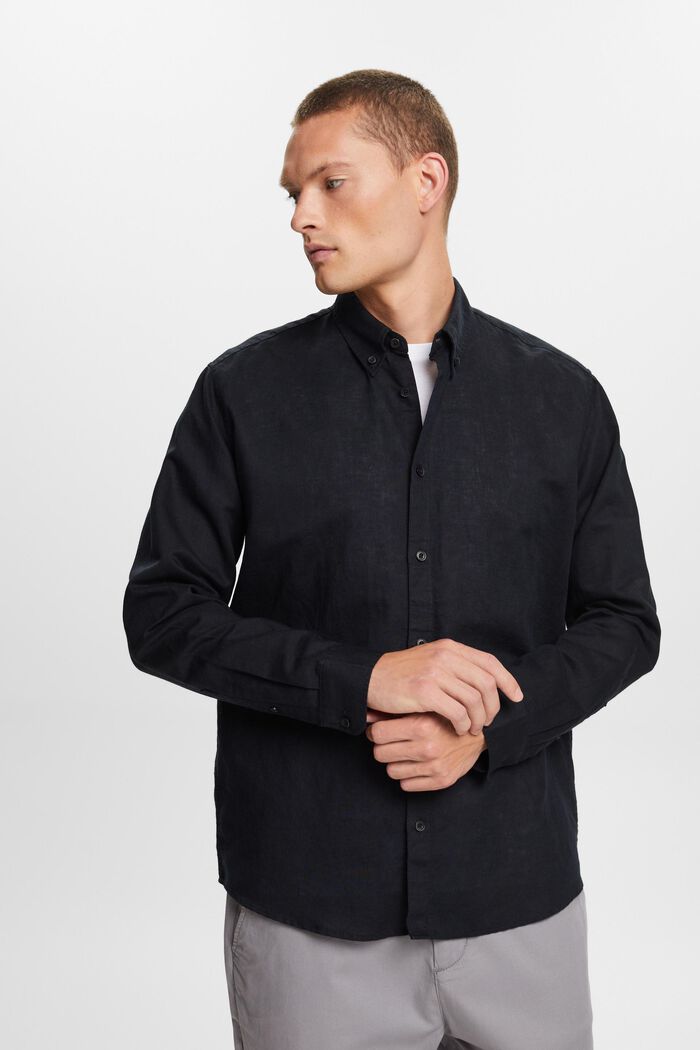 Camicia button-down in misto cotone e lino, BLACK, detail image number 0