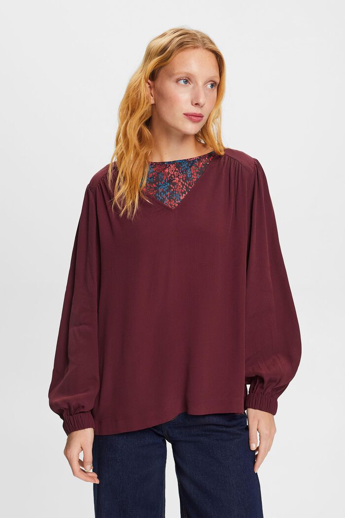 Blusa in chiffon con scollo a V, BORDEAUX RED, detail image number 2