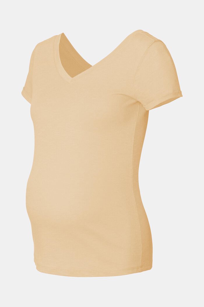 Con lino: t-shirt con doppio scollo a V, SAND, detail image number 4