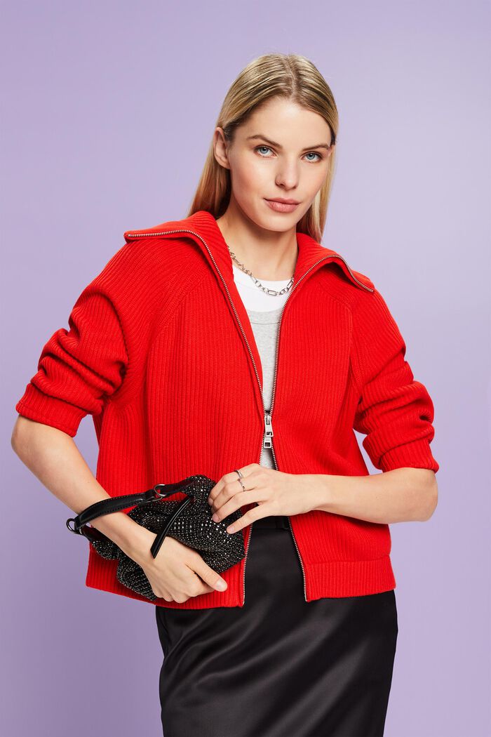 Cardigan con zip a coste, RED, detail image number 4
