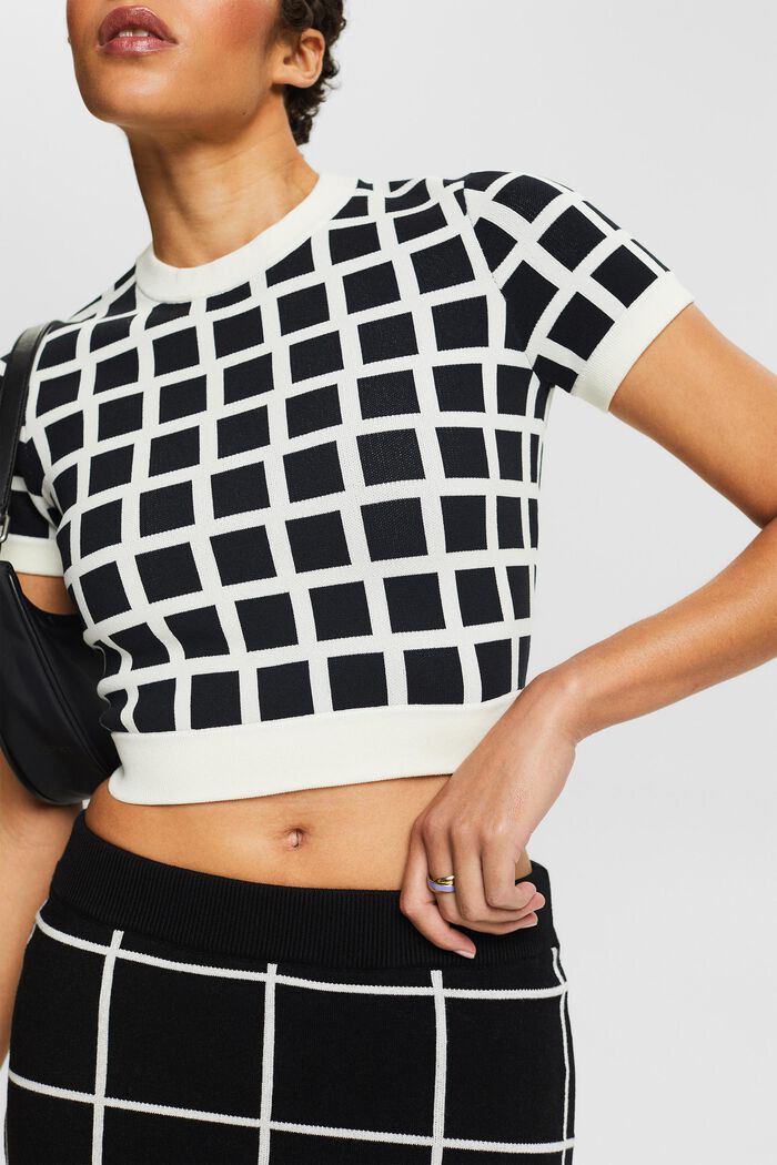 Pullover cropped in jacquard a maniche corte, BLACK, detail image number 2