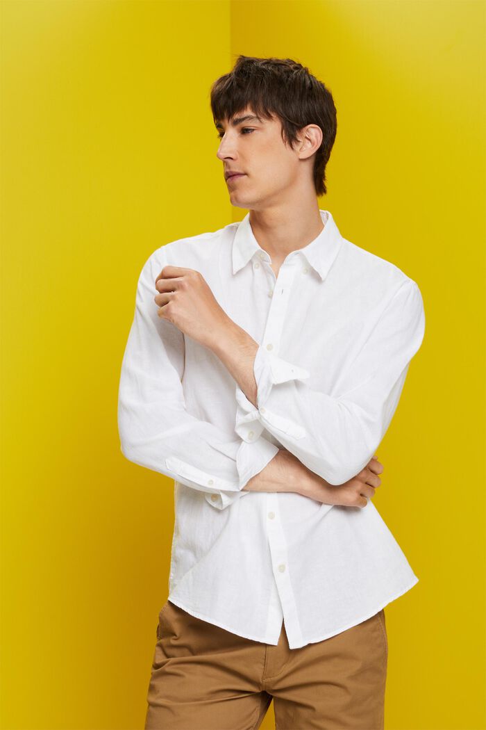 Camicia button-down in misto cotone e lino, WHITE, detail image number 4
