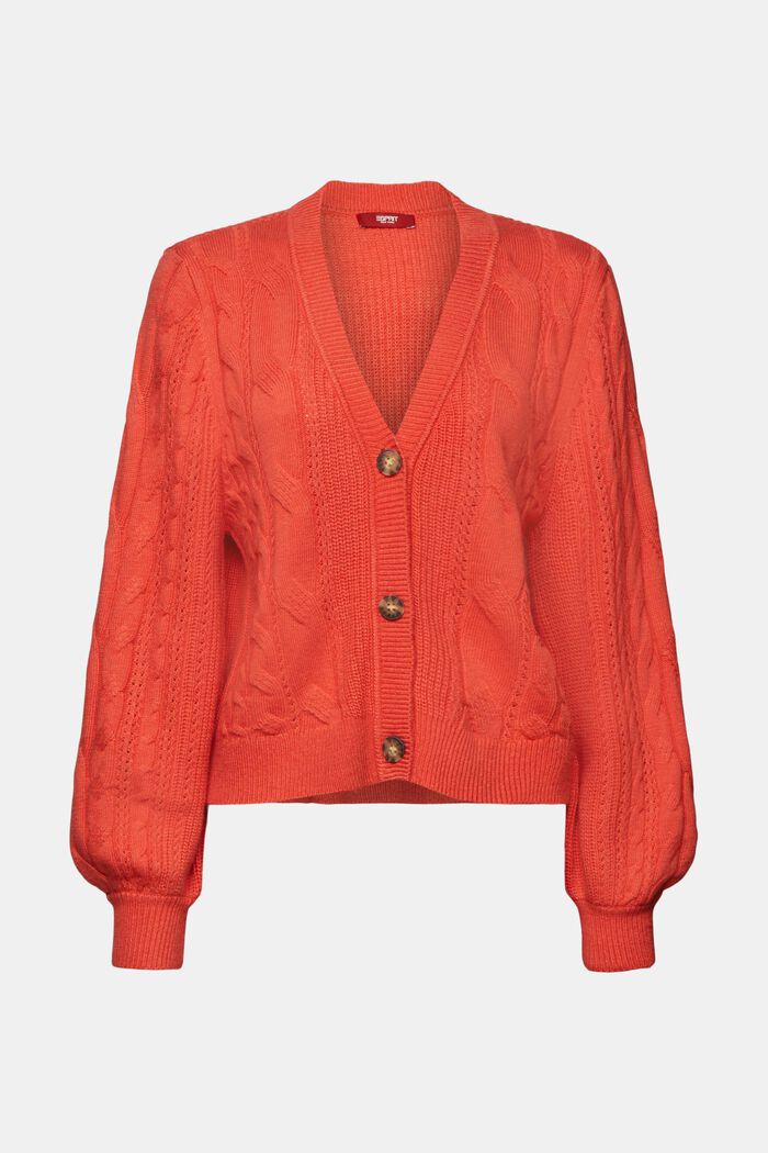Cardigan in maglia intrecciata, misto lana, CORAL RED, detail image number 6