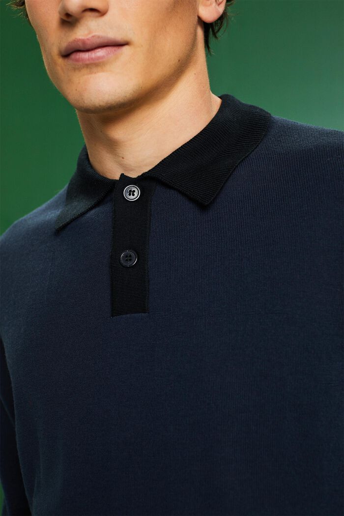 Pullover con colletto stile polo in lana merino, NAVY, detail image number 3