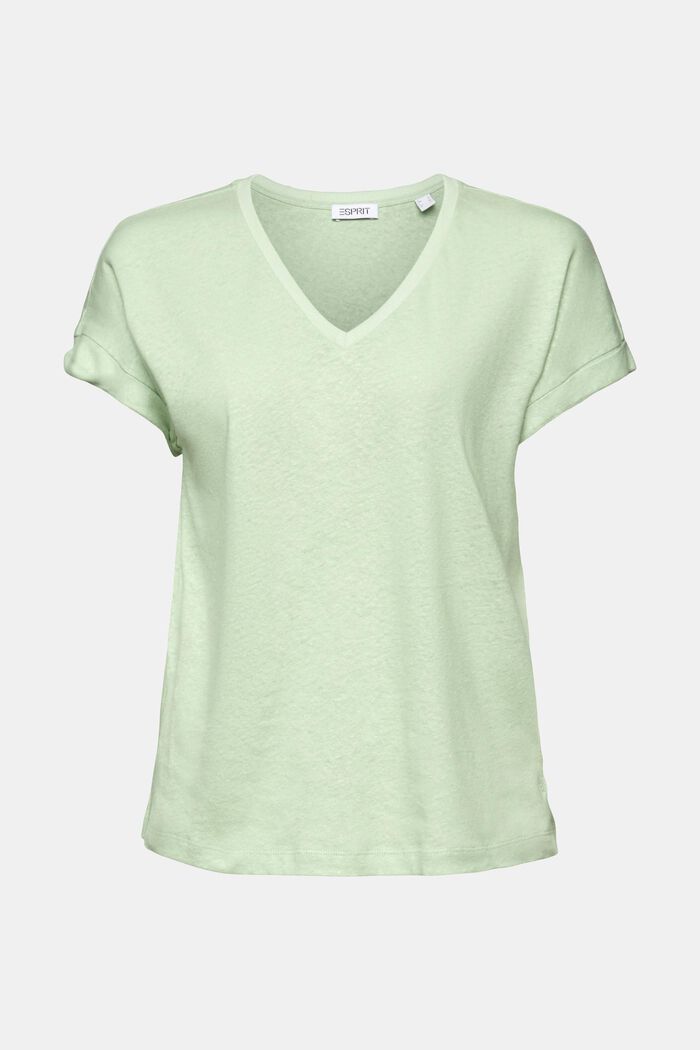 T-shirt con scollo a V in cotone e lino, LIGHT GREEN, detail image number 5