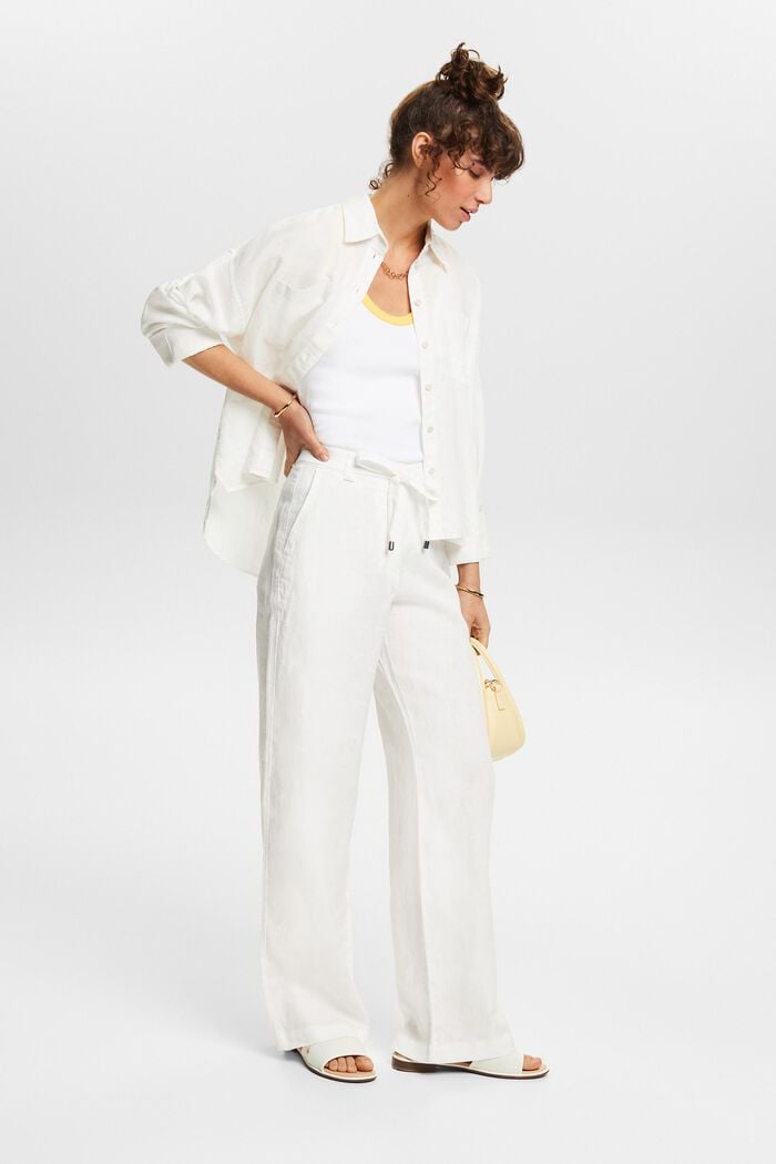Pantaloni con cintura in lino a gamba larga, OFF WHITE, detail image number 1