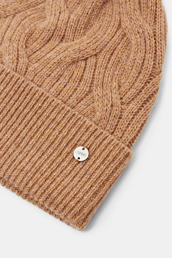 Berretto a maglia intrecciata in lana e cashmere, CAMEL, detail image number 1